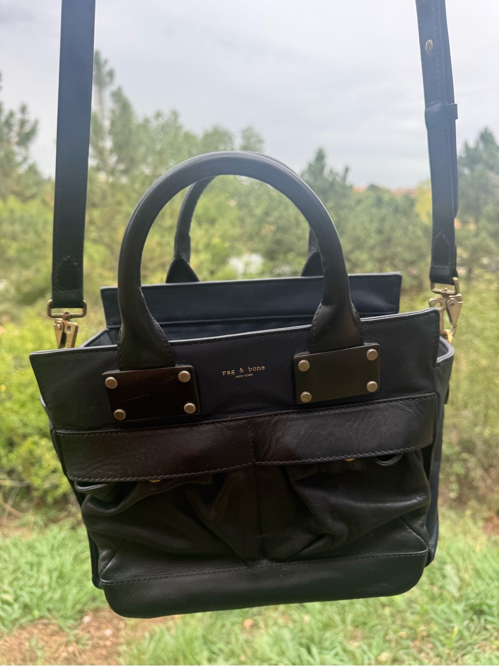 rag & bone Dark Navy Leather Pilot bag with Metal Plate Accents